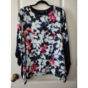 RAFAELLA Womens Blouse‎ Tropical Floral Print 3/4 Sleeve Crew Neck Top Blue Sz L